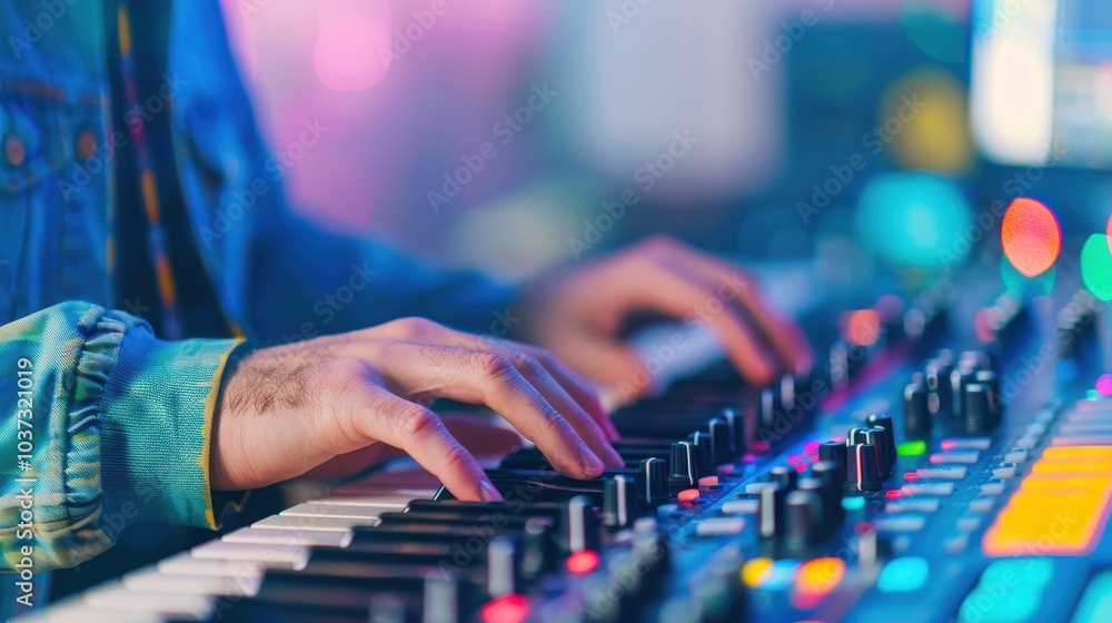 Close-up of hands playing a keyboard synthesizer with colorful lights background, emphasizing music creation and performance. Close-up of hands playing a keyboard synthesizer with colorful lights background, emphasizing music creation and performance.