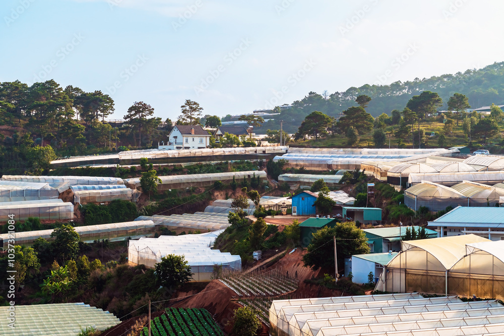 Φωτογραφία View of the flower nursery and vegetable greenhouse shelter with farmland and village in valley