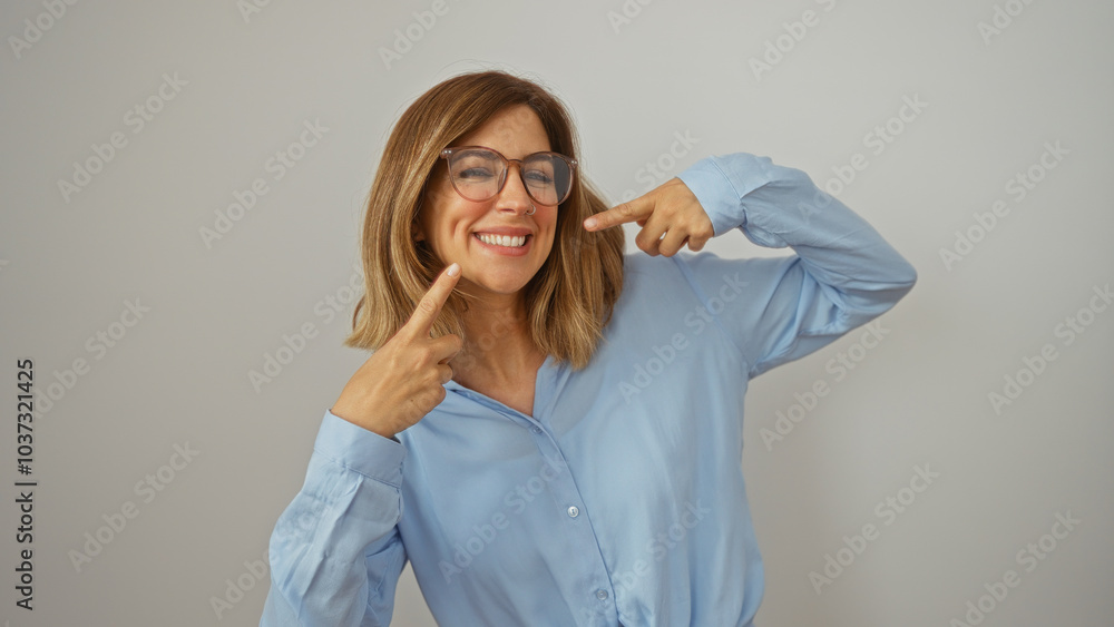 Smiling blonde woman points to her face wearing glasses and a light blue shirt against a white background Smiling blonde woman points to her face wearing glasses and a light blue shirt against a white background