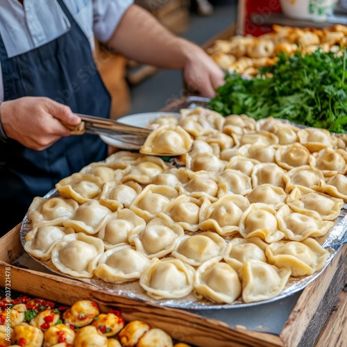 Street vendor with pierogi stand, Eastern European vibe, rustic market, warm flavors, traditional street food, comfort snack