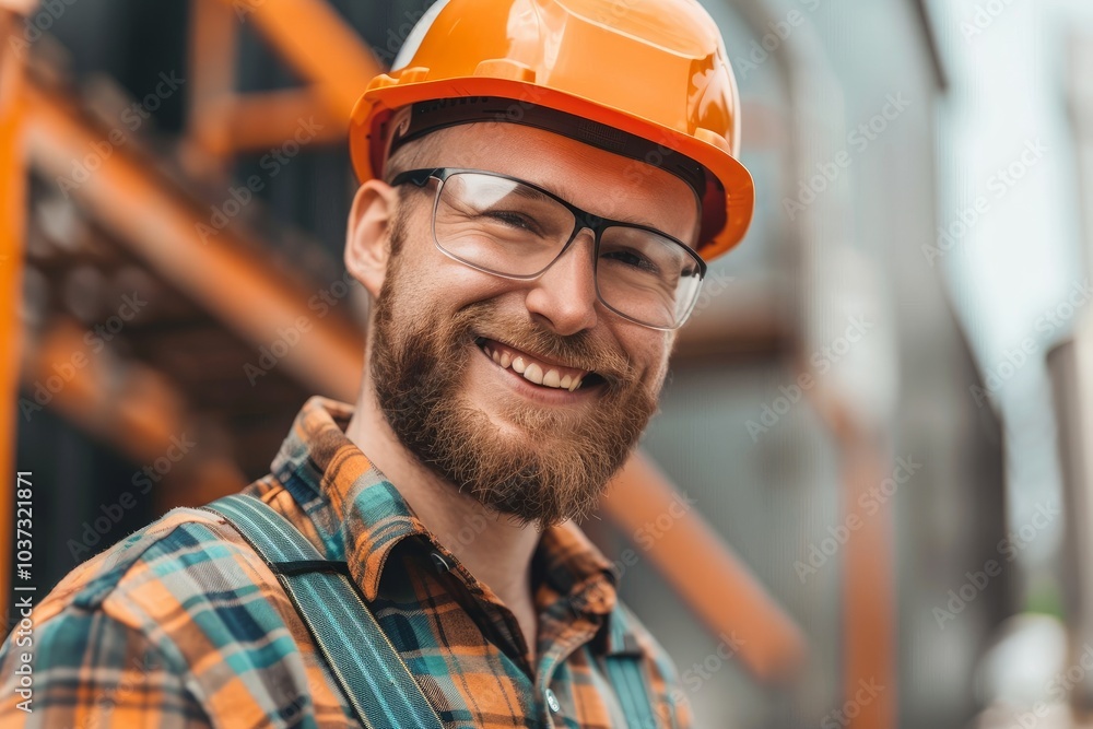 A male construction worker in a hard hat and safety glasses at a construction site. Construction of a multi-storey building. A male construction worker in a hard hat and safety glasses at a construction site. Construction of a multi-storey building.
