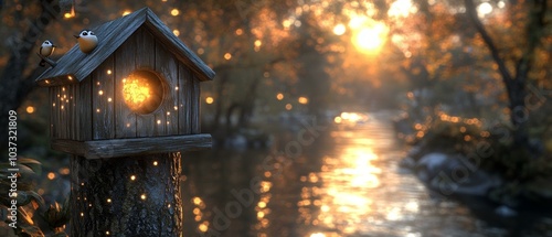 Whimsical Birdhouse in a Misty Woodland