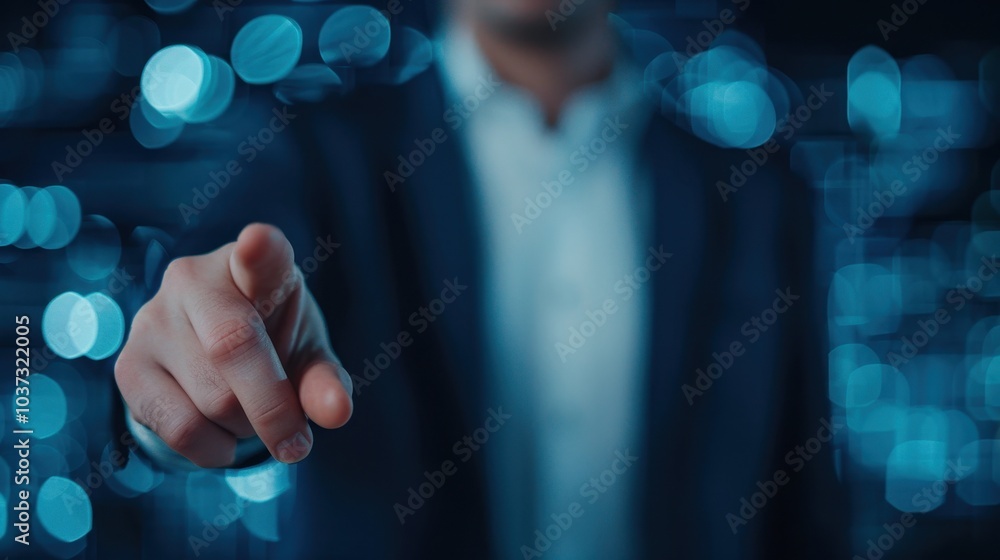 Close-up of a person pointing forward, with a blurred blue background, conveying focus and direction. Close-up of a person pointing forward, with a blurred blue background, conveying focus and direction.