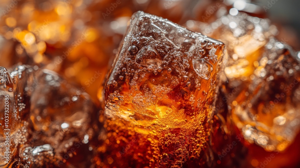 Close-up of ice cubes floating in a glass of dark soda, capturing the condensation and bubbles. Close-up of ice cubes floating in a glass of dark soda, capturing the condensation and bubbles.
