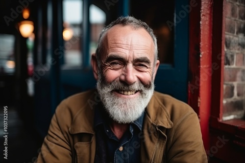 Portrait of a happy senior man smiling at the camera in a pub