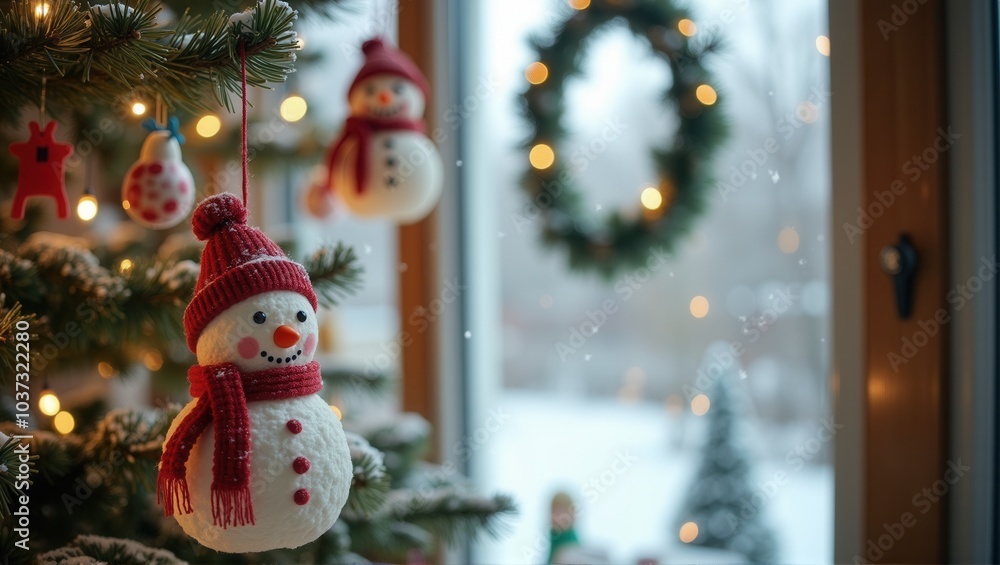 Obraz premium Generative, AI, snowman ornament in red hat hanging on Christmas tree, festive decoration, winter holiday atmosphere.