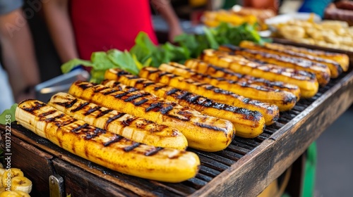 Thai street vendor with grilled bananas, tropical flavor, rustic cart, local crowd, Thai dessert, comfort food