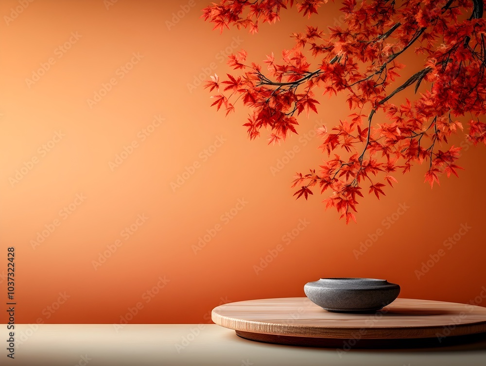 Elegant wooden dais placed on a table with suspended red maple foliage against an orange gradient backdrop showcasing a warm color palette product photography technique and a clean Elegant wooden dais placed on a table with suspended red maple foliage against an orange gradient backdrop showcasing a warm color palette product photography technique and a clean