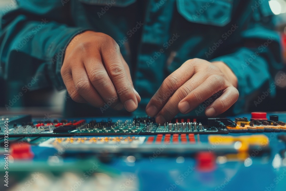 Close-up of a person's hands working on a circuit board, focusing on precision and electronics repair in a workshop setting. Close-up of a person's hands working on a circuit board, focusing on precision and electronics repair in a workshop setting.