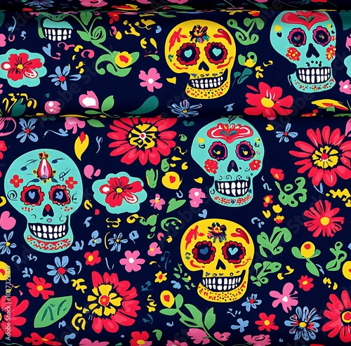 A vibrant seamless pattern of colorful sugar skulls and flowers