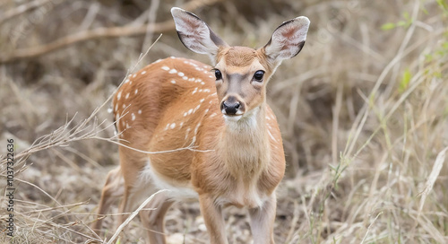 Young Deer Fawn in Dry Grass Field