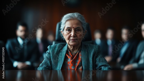 A dignified woman in traditional attire presides over a business meeting, showcasing leadership and elegance, alongside her professional peers.