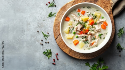 Creamy chicken soup with vegetables in a white bowl on a wooden board.