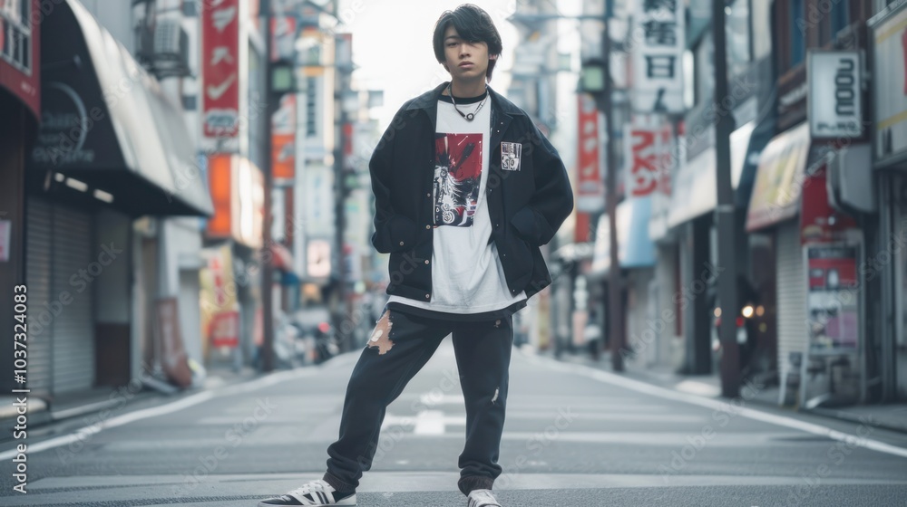 Young Man Standing on a Street in Japan Young Man Standing on a Street in Japan