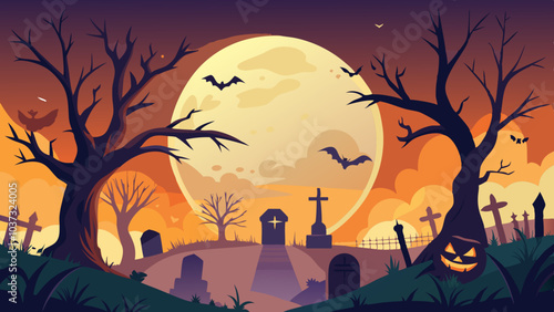 Scary Halloween Background With Pumpkins, Moon, Grave, Bat, And Haunted House Vector Illustration