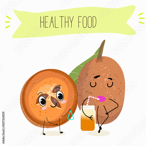 Cute sapodilla characters, funny fruits, different activities. Flat vector illustration. Organic food, healthy food, illustrations for kids menu, invitations.