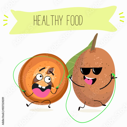 Cute sapodilla characters, funny fruits, different activities. Flat vector illustration. Organic food, healthy food, illustrations for kids menu, invitations.