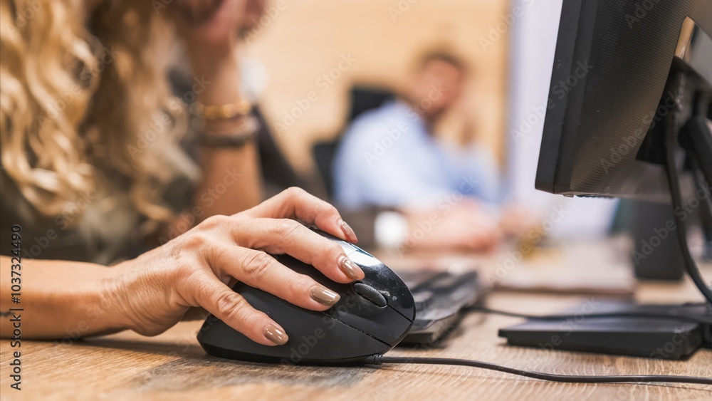 Crop mature businesswoman using computer mouse on desk in office Crop mature businesswoman using computer mouse on desk in office
