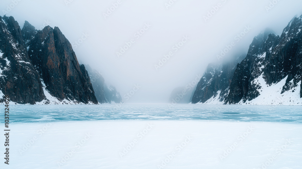 serene frozen mountain lake surrounded by misty cliffs creates tranquil atmosphere serene frozen mountain lake surrounded by misty cliffs creates tranquil atmosphere