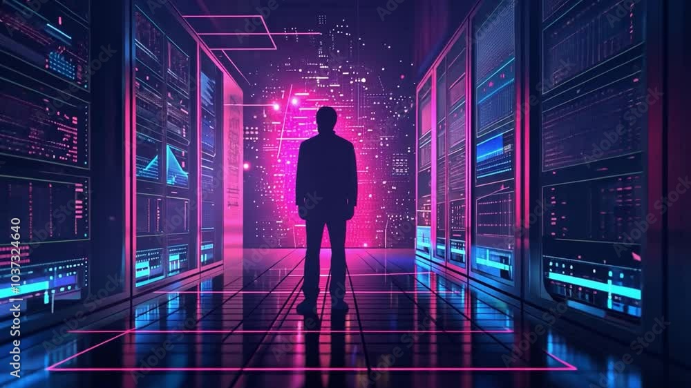 A person stands in a visually striking digital corridor, illuminated by vibrant neon lights. Tall server racks are lined up, creating a high-tech atmosphere at night. A person stands in a visually striking digital corridor, illuminated by vibrant neon lights. Tall server racks are lined up, creating a high-tech atmosphere at night.