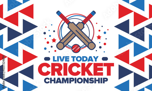 Cricket Championship. Match Day. Cricket bat and cricket ball. Tournament play-off and final. Sport game, professional competition. Play for win. Cricket match score. Fitness and recreation poster