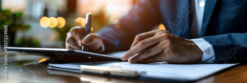 An attorney with a business-like demeanor, using a digital tablet to annotate digital contract documents