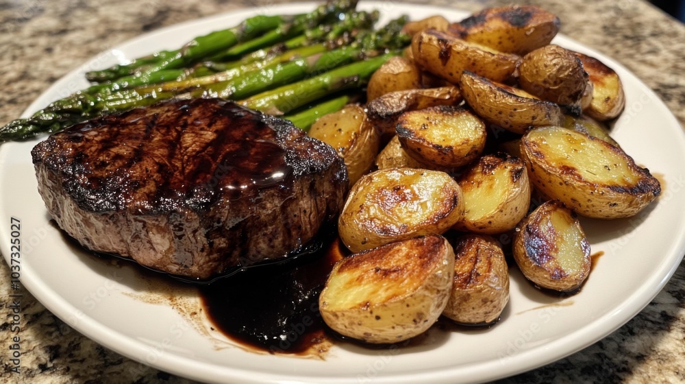 Delicious steak dinner with vegetables and potatoes Delicious steak dinner with vegetables and potatoes