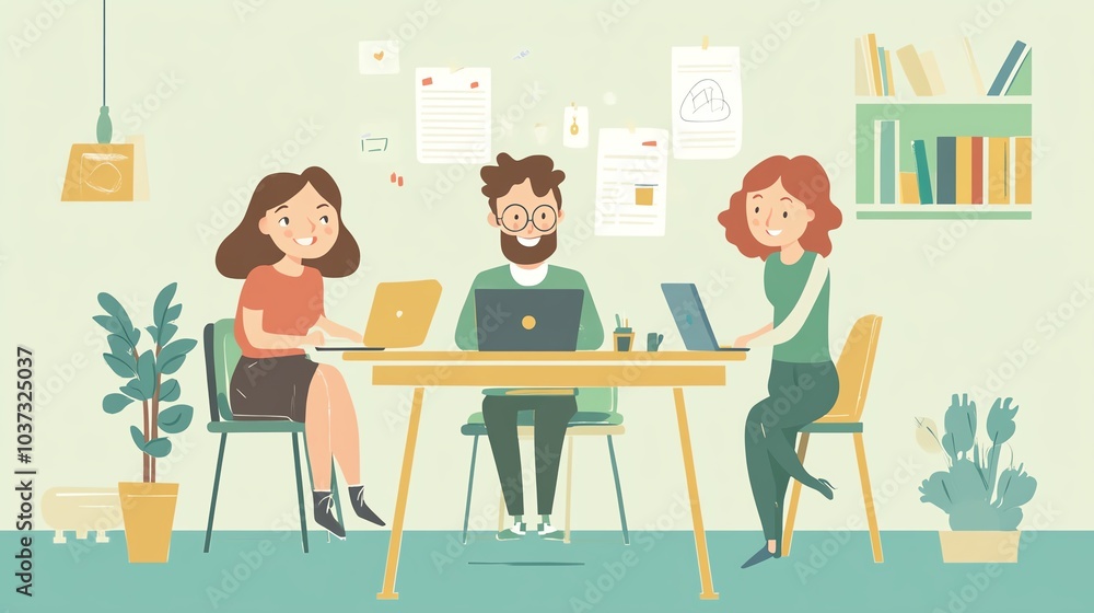 Three colleagues collaborating at a workspace with laptops and plants. Three colleagues collaborating at a workspace with laptops and plants.
