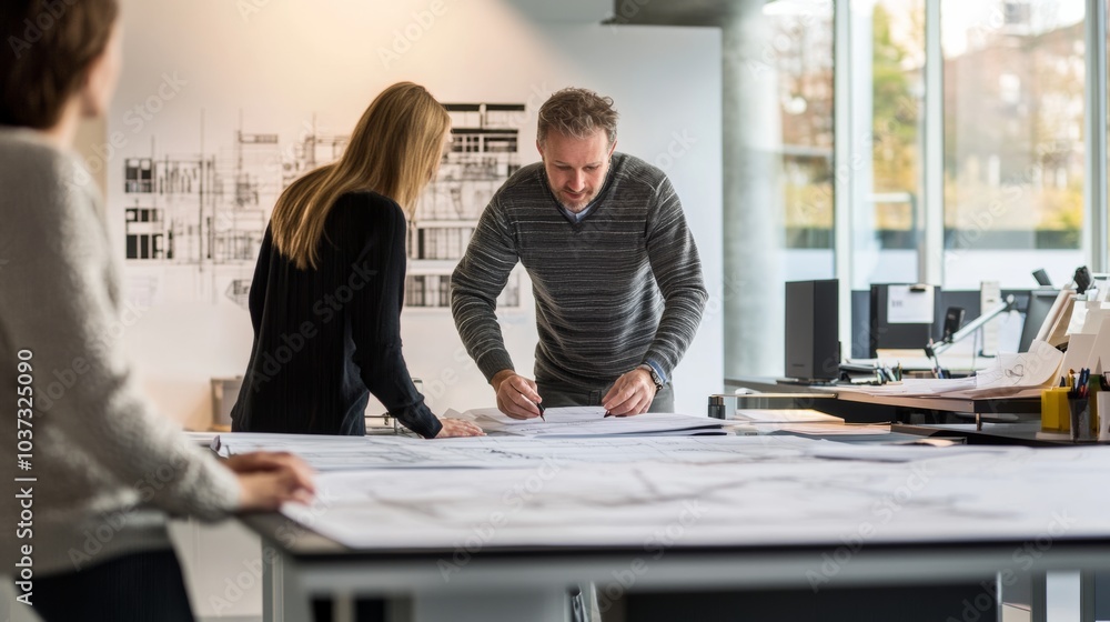 Fototapeta A modern architectural firm studio with architects discussing plans and sketches on a large drafting table, Architectural studio scene, Creative collaboration style