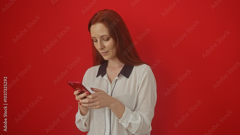 A serene young woman with red hair intently browsing her smartphone against a vibrant red background. A serene young woman with red hair intently browsing her smartphone against a vibrant red background.