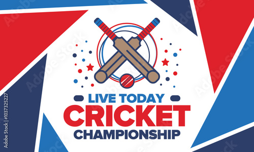 Cricket Championship. Match Day. Cricket bat and cricket ball. Tournament play-off and final. Sport game, professional competition. Play for win. Cricket match score. Fitness and recreation poster