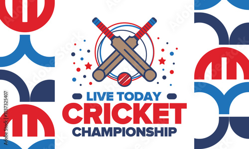 Cricket Championship. Match Day. Cricket bat and cricket ball. Tournament play-off and final. Sport game, professional competition. Play for win. Cricket match score. Fitness and recreation poster