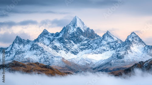 Wallpaper Mural Majestic snow covered mountain peaks rise above clouds, creating serene landscape Torontodigital.ca