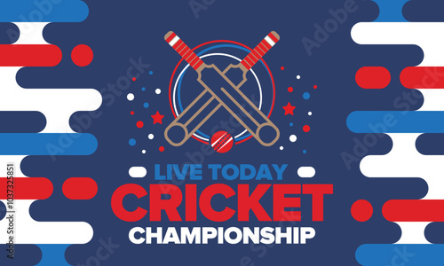 Cricket Championship. Match Day. Cricket bat and cricket ball. Tournament play-off and final. Sport game, professional competition. Play for win. Cricket match score. Fitness and recreation poster