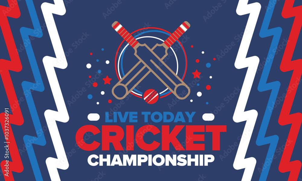 Fototapeta premium Cricket Championship. Match Day. Cricket bat and cricket ball. Tournament play-off and final. Sport game, professional competition. Play for win. Cricket match score. Fitness and recreation poster