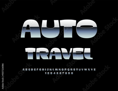 Vector trendy logo Auto Travel.  Modern Metallic Font. Stylish Silver Alphabet Letters and Numbers set.