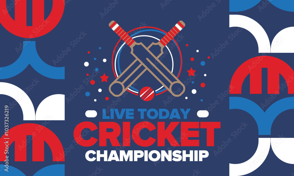 Fototapeta premium Cricket Championship. Match Day. Cricket bat and cricket ball. Tournament play-off and final. Sport game, professional competition. Play for win. Cricket match score. Fitness and recreation poster