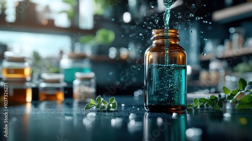 A liquid is being poured into an amber bottle, creating a splash, surrounded by fresh mint leaves, capturing motion in this dynamic kitchen scene filled with vitality. photo