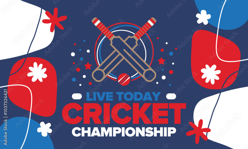 Fototapeta premium Cricket Championship. Match Day. Cricket bat and cricket ball. Tournament play-off and final. Sport game, professional competition. Play for win. Cricket match score. Fitness and recreation poster