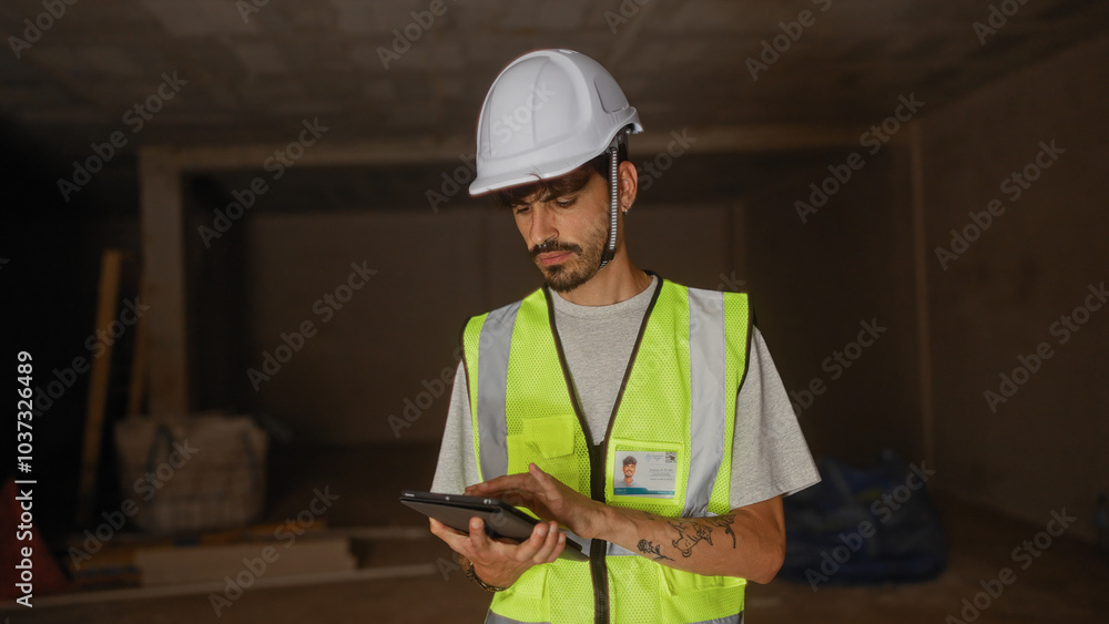 Young hispanic man wearing construction safety gear and helmet, using a tablet at a building site in a house under construction Young hispanic man wearing construction safety gear and helmet, using a tablet at a building site in a house under construction