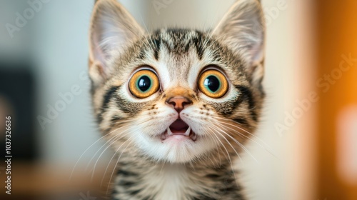 surprised cat make big eyes. American shorthair surprised cat or kitten funny face big eyes, cute, domestic, kitten, feline, Emotional surprised, kitty, wow.