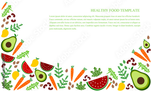 Healthy food background template. Vector illustration. Organic and fresh food design. Web banner. Design with fruits and vegetable.