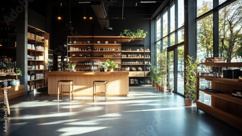 A sleek, contemporary cafe interior with wooden shelves, stools, plants, and large windows allowing sunlight to flood the open space, creating a warm atmosphere.