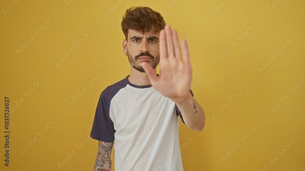 Young hispanic man with beard and tattoos gesturing stop against a yellow background Young hispanic man with beard and tattoos gesturing stop against a yellow background