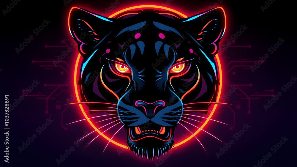 Panther neon avatar vector-style image of cyberpunk head. Generative AI Panther neon avatar vector-style image of cyberpunk head. Generative AI