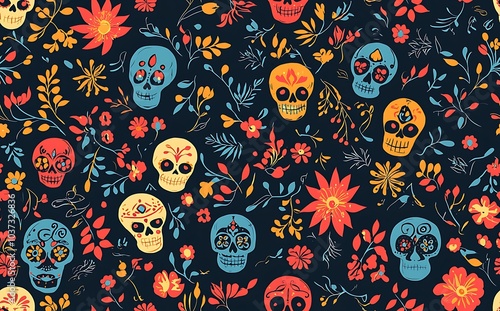 Day of the Dead seamless pattern with colorful skulls