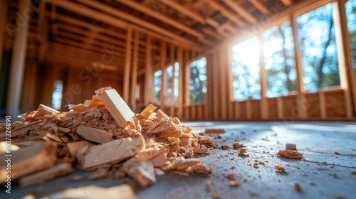 Scattered wood shavings lie on the floor of a sun-drenched room within a partially constructed building, adding to the sense of craft and creation underway. photo