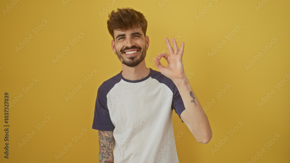 Handsome young man with beard making okay gesture against yellow background Handsome young man with beard making okay gesture against yellow background