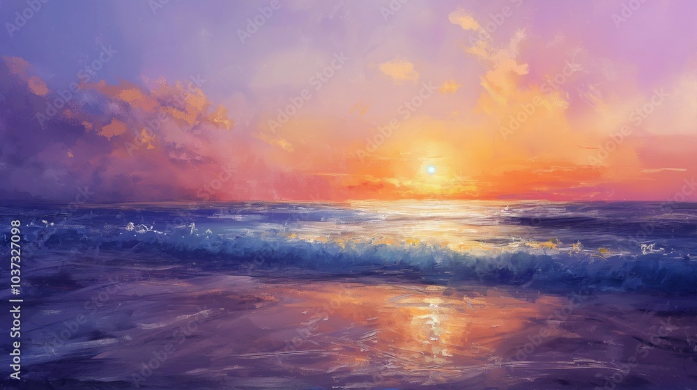 Fototapeta premium Vibrant sunset over ocean with colorful sky and reflecting light on water surface, serene coastal scene