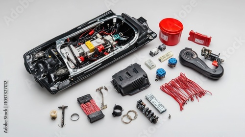 Disassembled components of a mechanical system, showcasing various parts and tools.